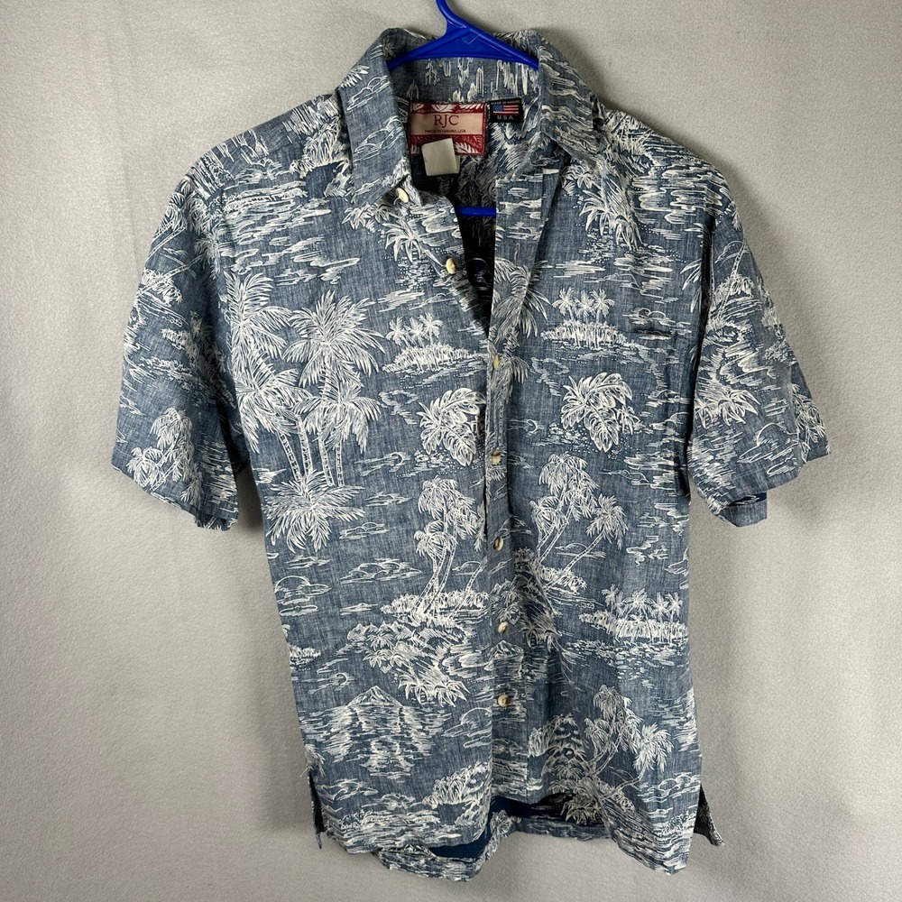 VTG RJC Hawaiian Shirt Men Small Blue Tropical Palm Tree Cotton EUC Made USA
